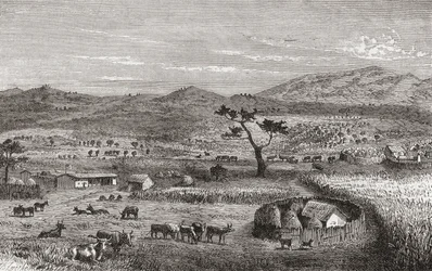 A Settlement in Kouihara, West Africa, illustration from 