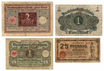 A Two Mark Banknote, Two One Mark Banknotes and a Twenty Five Pfennig Banknote, 1920-21