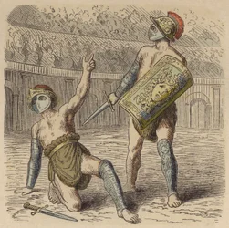 A wounded Roman gladiator pleading to the crowd for his life