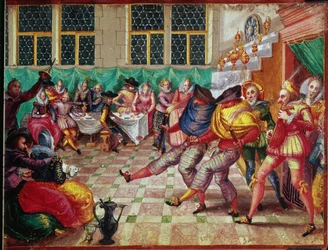 Travelling players arriving at a manor house to present their performance, from the Album Amicorum, by Moyses Walens, Cologne
