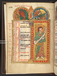 Add. 60629, f.3v June, from 12 Calendar pages in gold and colours, with architectural frames each containing a sign of the Zodiac, an apostle and a labour of the month