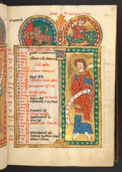 Add. 60629, f.4 July. 12 Calendar pages in gold and colours, with architectural frames each containing a sign of the Zodiac, an apostle and a labour of the month. Psalter. Illuminated Psalter with a Calendar, Canticles and Litanies for the use of nuns