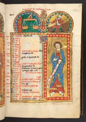 September. 12 Calendar pages in gold and colours, with architectural frames each containing a sign of the Zodiac, an apostle and a labour of the month. Psalter. Illuminated Psalter with a Calendar, Canticles and Litanies for the use of nu