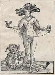 Allegory of madness (The woman and the fool) German engraving of the 16th century
