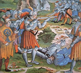 Armoured Soldiers Firing Match-lock Arquebus, Late 15th Century