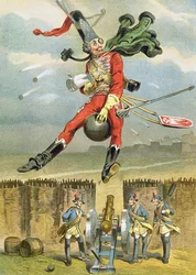 Baron Munchausen flying over the enemy lines on a cannonball, illustration from a German edition of The Adventures of Baron Munchausen