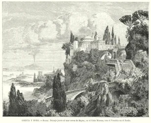 Coastline of the Bay of Naples from the Ancient Roman Town of Baiae, Cape Miseno, with Vesuvius in the Distance