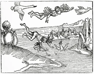 Daedalus, escaping from Crete with his son, Icarus, sees him falling to his death, 1493