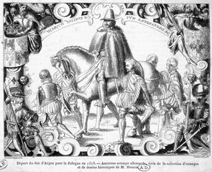 Departure of the Duke of Anjou for Poland in 1573 (elected king of Poland, he will take possession of his crown) - An ancient German print from the collection of prints and historical drawings of Mr. Hennin