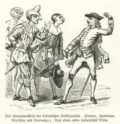 Dottore, Pantalone, Arlecchino and Scaramuccia, four characters from the Commedia dell