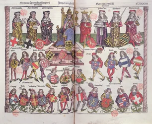 Emperor and electors of the Holy Roman Empire with twenty four German noblemen presenting their coats of arms