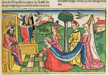 Esther 2:15-18, Esther is chosen to be Queen by the Persian King Ahasuerus, from the Nuremberg Bible