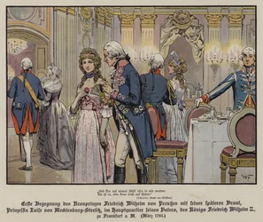 First meeting of Crown Prince Frederick William of Prussia and his future bride, Princess Louise of Mecklenburg-Strelitz at the headquarters of his father, King Frederick William II, at Frankfurt