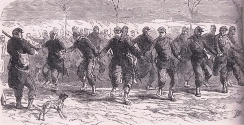 French soldiers dancing in camp