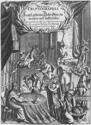 Frontispiece, illustration from Cryptographia, oder geheime Schrifften by Johann Balthasar Friderici, engraved by Johan Friedlein, published in Hamburg, 1685