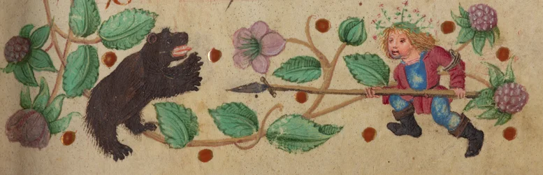 Garlanded Hunter on foot spearing a bear, c. 1475-1485