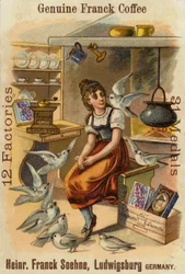 Girl with doves, advertising Genuine Franck Coffee
