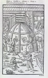 Glassworks, illustration showing the marble furnace and glass blowers