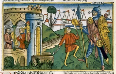 I Samuel 17:1-58 David defeats Goliath and meets Saul, from the Nuremberg Bible