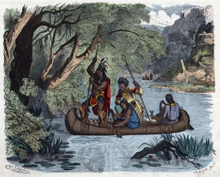Indians fishing aboard a canoe on a river in America. In 