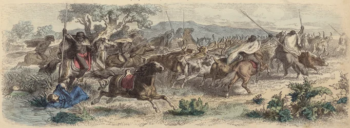 Indians surprising Gauchos on the Pampas and making off with their herd of cattle