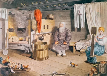 Interior of a Russian Izba, Published in Leipzig, 1820