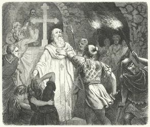 Interruption of a Christian service in the Roman catacombs
