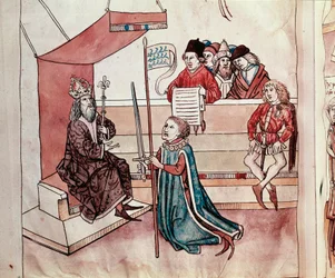 Investiture of a knight. Miniature from "Chronicles of the Council of Constance" by Ulrich Richental (1360-1437), approximately 1438, Prague, National Library