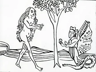 Lilith, winged and crowned, with serpent’s tail, offers the apple to Eve, from 