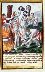 Martyrdom of Jean de Brebeuf and Gabriel Lalemant by Iroquois, in Nouvelle-France 1649, from Jesuits Martyrology, 1688