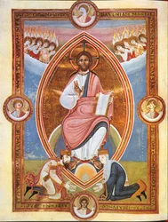 Miniature depicting blessing Christ within an almond-shaped aureola with Emperor Conrad II and Empress Gisela at his feet