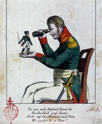Napoleon I: the Russian campaign. At home, in Russia, you came terribly big, but on your way back to Paris, how small you were (became)! (Besides, it rhymes!!!) Kiss. German caricature of the 19th century