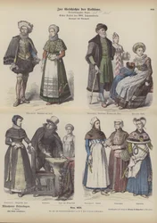 Norwegian and Danish costumes, early 17th Century (coloured engraving)