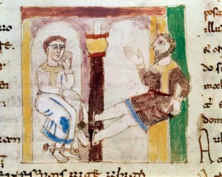 Representation of two detainees in a prison, one of which is attached to a pillory