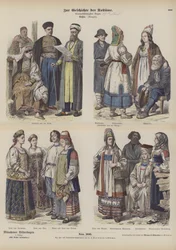 Russian costumes, late 19th Century (coloured engraving)