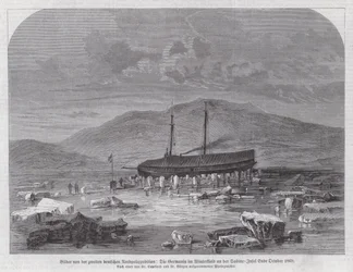 Schooner Germania at Sabine Island off the east coast of Greenland, second German North Polar Expedition, late October 1869