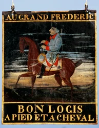 Signpost with Frederick the Great on Horseback for the Inn Le Cadiot