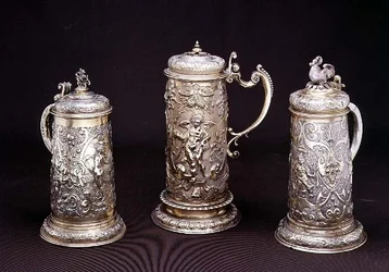 Silver gilt cylindrical tankard by Paul Hubner, Ausburg 1590; silver-gilt cylindrical tankard by Tobias Kramer, Ausburg 1620; parcel gilt cylindrical tankard by Paul Hubner, Ausburg 1590