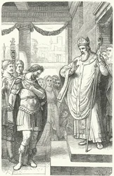 St Ambrose barring the Roman Emperor Theodosius I from entering Milan Cathedral as punishment for the Massacre of Thessalonica, 390 (engraving)