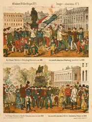 The Alsace Recruits in Strasbourg (Kleberplatz) in 1869 and in Berlin (Under den Linden) in 1872, from Elsaesser Bilderbogen, Published by A. Schneider, Strasbourg, 1873