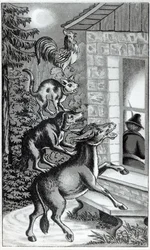 The Four animals shouting at the window, illustration for The Musicians of Bremen Town, tale by the Brothers Grimm