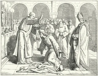 The Holy Roman Emperor Henry II receiving a blessing at the Monastery of St Vitus in Verdun