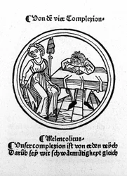 The four temperaments: melancholic (sad and depressed) (xylography, Augsburg 1480)