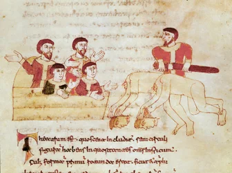 Theatre scene, the audience on the left applauds the performance of the actors. Miniature from the manuscript 