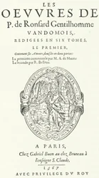 Title page of the first volume of the rare and very popular second edition of the works of Pierre de Ronsard, published in six volumes by the poet himself