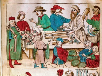 Trade: street scene. Miniature from the “Chronicle of the Council of Constance” by Ulrich Richental (1360-1437), approximately 1438. Prague, National Library