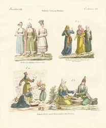 Turkish National Costumes (coloured engraving)