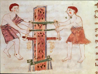 Two men saw a marble trunk (miniature, 9th century)