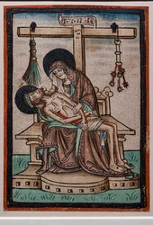 Vesperbild (Lamentation), Watercolor Woodcut by German Engraver, c.1450. The Symbols of Christ’s Passion Hang from the Cross.