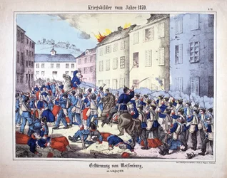 War of 1870: The Capture of Wissembourg (Battle of Weissenburg) between the soldiers of the Prussian army and the French on August 4